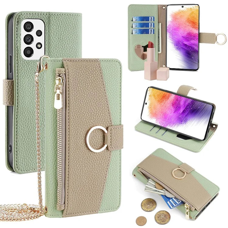 For Samsung Galaxy A73 5G Zipper Flip Cover PU Leather Phone Case with Crossbody Strap
