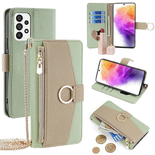 For Samsung Galaxy A73 5G Zipper Flip Cover PU Leather Phone Case with Crossbody Strap