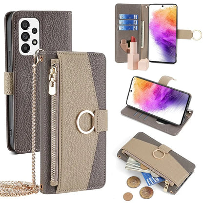 For Samsung Galaxy A73 5G Zipper Flip Cover PU Leather Phone Case with Crossbody Strap