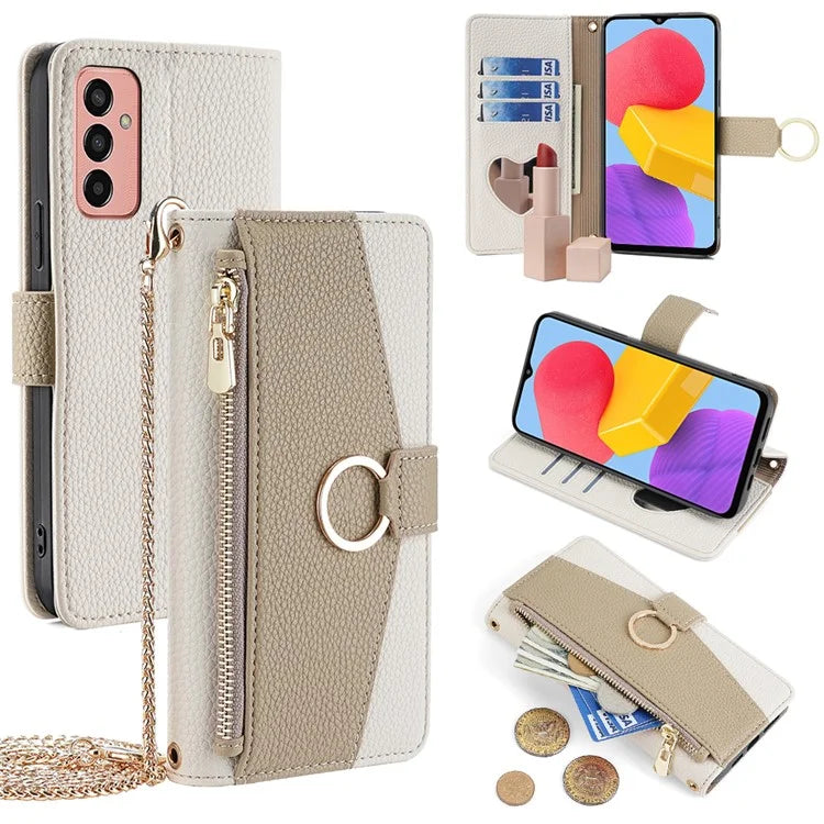 For Samsung Galaxy M13 4G Leather Case Zipper Wallet Makeup Mirror Phone Cover with Shoulder Strap
