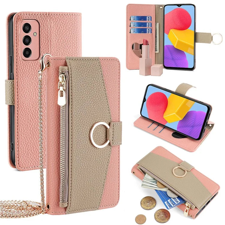 For Samsung Galaxy M13 4G Leather Case Zipper Wallet Makeup Mirror Phone Cover with Shoulder Strap