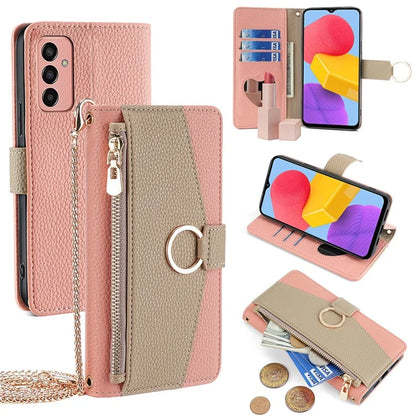 For Samsung Galaxy M13 4G Leather Case Zipper Wallet Makeup Mirror Phone Cover with Shoulder Strap