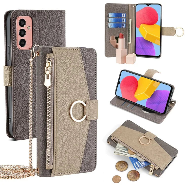 For Samsung Galaxy M13 4G Leather Case Zipper Wallet Makeup Mirror Phone Cover with Shoulder Strap