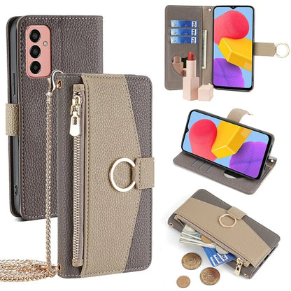 For Samsung Galaxy M13 4G Leather Case Zipper Wallet Makeup Mirror Phone Cover with Shoulder Strap