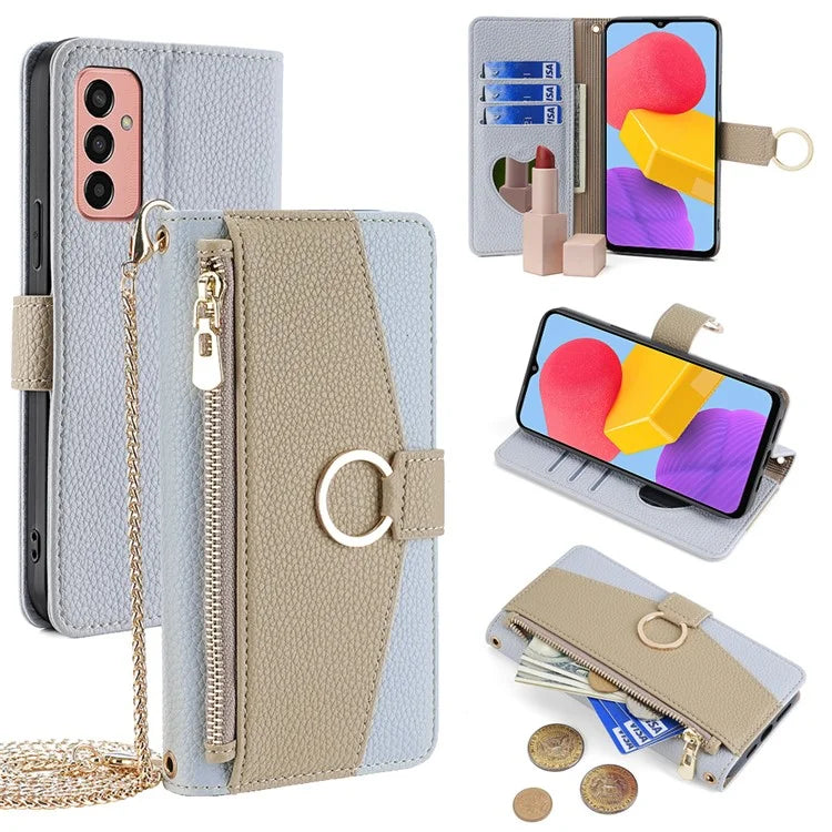 For Samsung Galaxy M13 4G Leather Case Zipper Wallet Makeup Mirror Phone Cover with Shoulder Strap