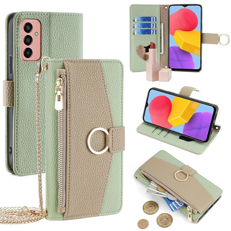 For Samsung Galaxy M13 4G Leather Case Zipper Wallet Makeup Mirror Phone Cover with Shoulder Strap