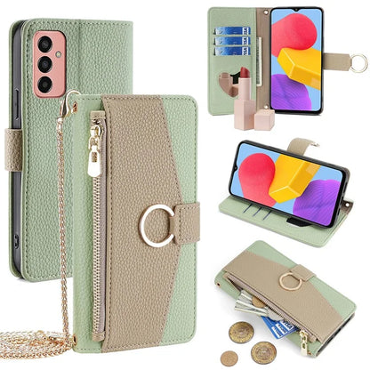 For Samsung Galaxy M13 4G Leather Case Zipper Wallet Makeup Mirror Phone Cover with Shoulder Strap