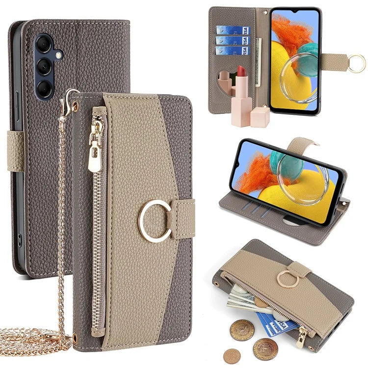 For Samsung Galaxy M14 5G Crossbody Phone Case PU Leather Zipper Stand Flip Cover