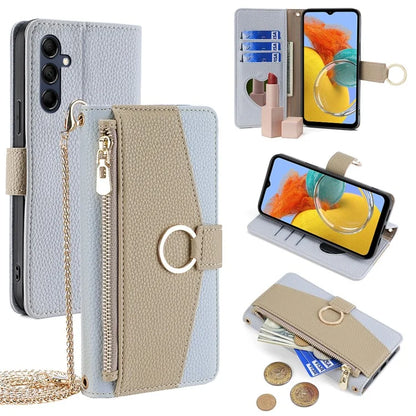 For Samsung Galaxy M14 5G Crossbody Phone Case PU Leather Zipper Stand Flip Cover