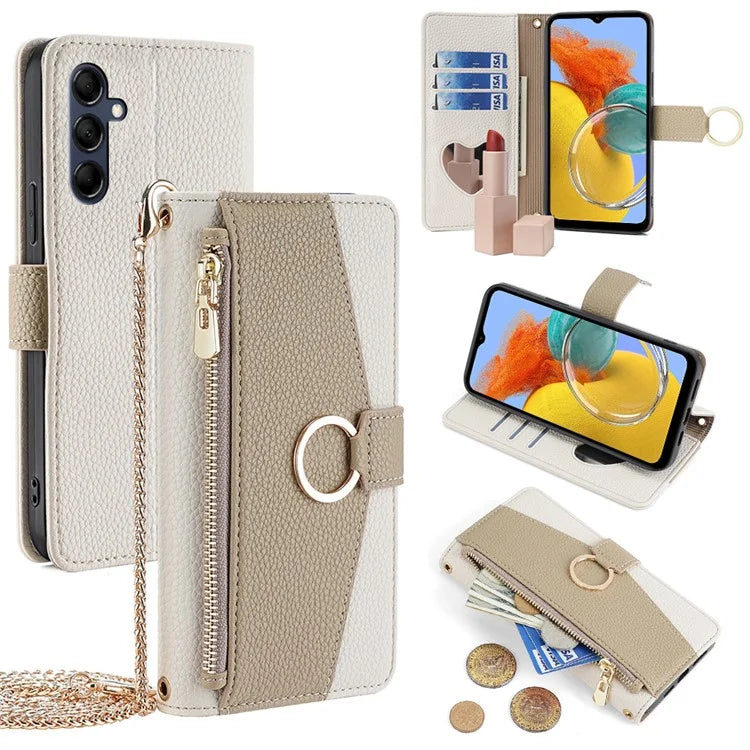 For Samsung Galaxy M14 5G Crossbody Phone Case PU Leather Zipper Stand Flip Cover