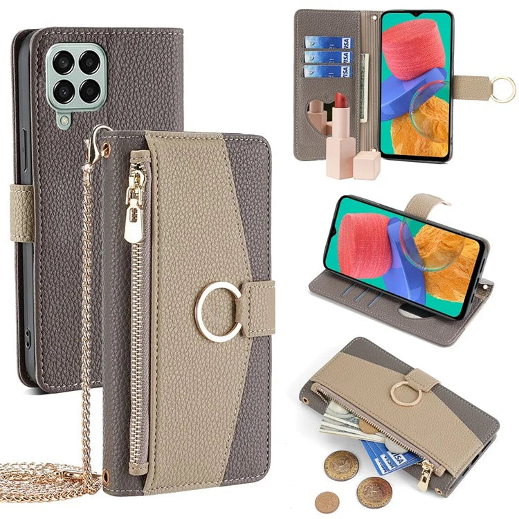 For Samsung Galaxy M33 5G (Global Version) Case PU Leather Zipper Phone Purse Cover Makeup Mirror Design