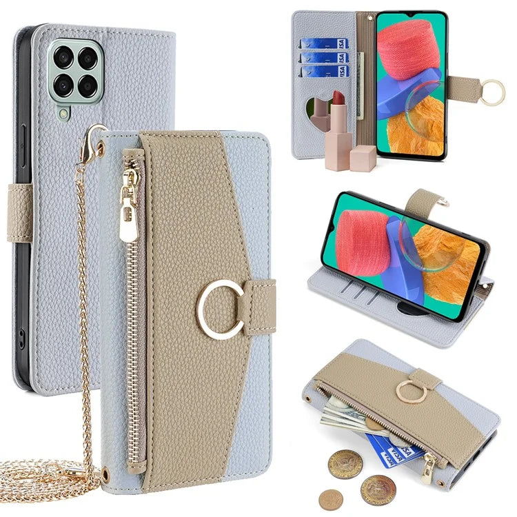 For Samsung Galaxy M33 5G (Global Version) Case PU Leather Zipper Phone Purse Cover Makeup Mirror Design