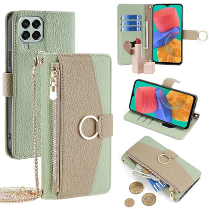 For Samsung Galaxy M33 5G (Global Version) Case PU Leather Zipper Phone Purse Cover Makeup Mirror Design