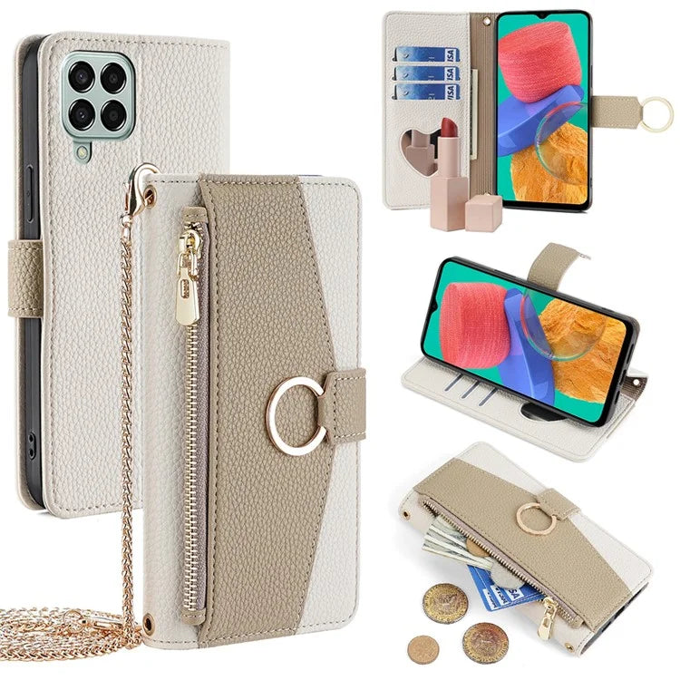 For Samsung Galaxy M33 5G (Global Version) Case PU Leather Zipper Phone Purse Cover Makeup Mirror Design