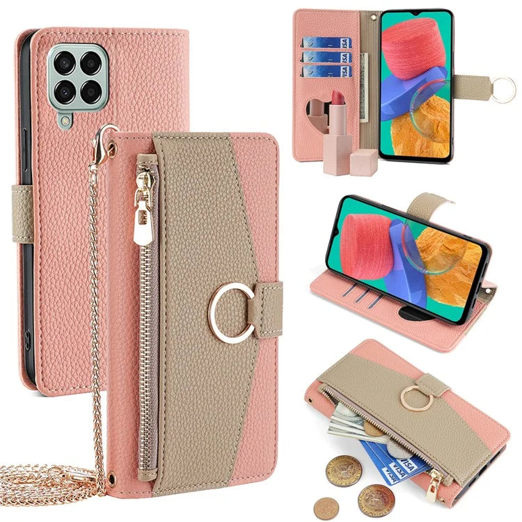 For Samsung Galaxy M33 5G (Global Version) Case PU Leather Zipper Phone Purse Cover Makeup Mirror Design