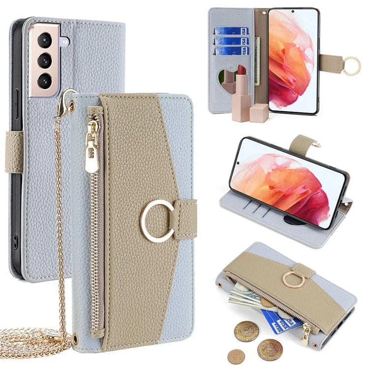 For Samsung Galaxy S21 4G / 5G Crossbody Case Zipper Pocket Makeup Mirror Phone Cover