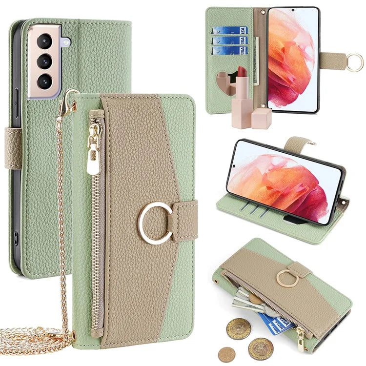 For Samsung Galaxy S21 4G / 5G Crossbody Case Zipper Pocket Makeup Mirror Phone Cover