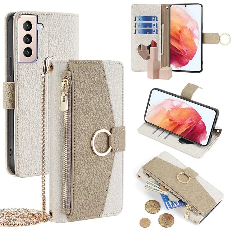 For Samsung Galaxy S21 4G / 5G Crossbody Case Zipper Pocket Makeup Mirror Phone Cover