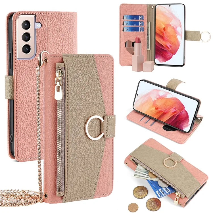 For Samsung Galaxy S21 4G / 5G Crossbody Case Zipper Pocket Makeup Mirror Phone Cover
