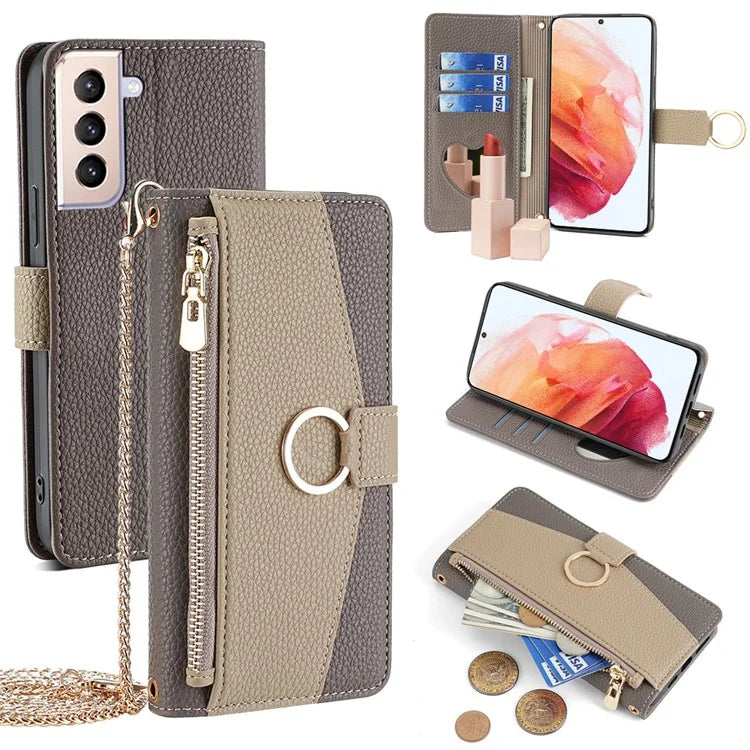 For Samsung Galaxy S21 4G / 5G Crossbody Case Zipper Pocket Makeup Mirror Phone Cover