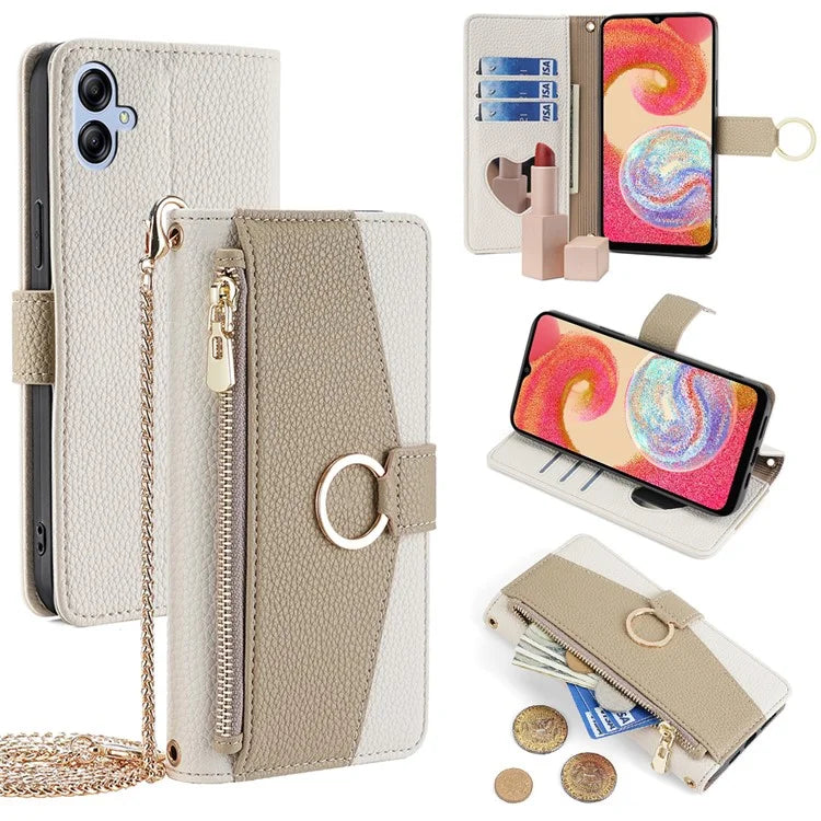 For Samsung Galaxy A04e 4G PU Leather Case Zipper Wallet Mirror Phone Cover with Shoulder Strap
