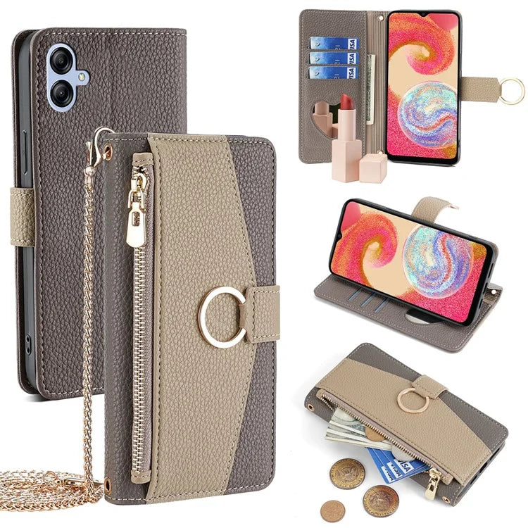 For Samsung Galaxy A04e 4G PU Leather Case Zipper Wallet Mirror Phone Cover with Shoulder Strap