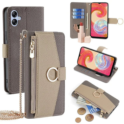 For Samsung Galaxy A04e 4G PU Leather Case Zipper Wallet Mirror Phone Cover with Shoulder Strap