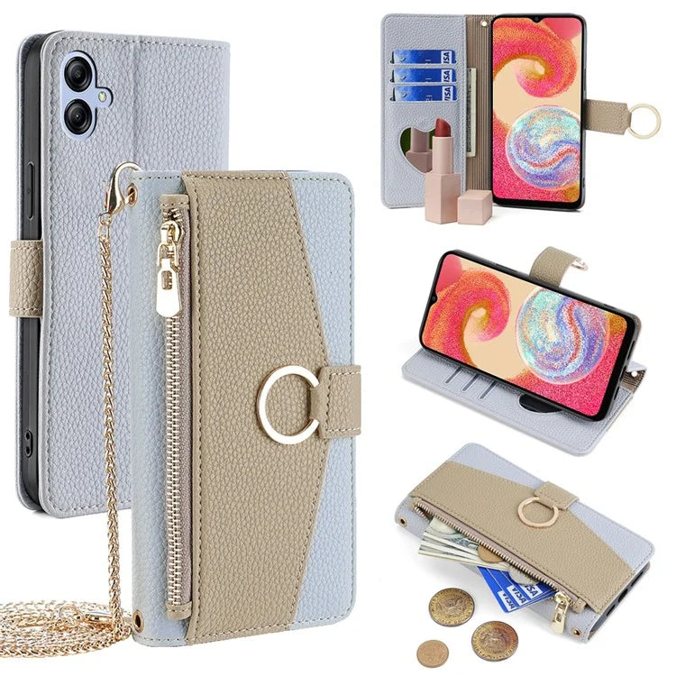 For Samsung Galaxy A04e 4G PU Leather Case Zipper Wallet Mirror Phone Cover with Shoulder Strap