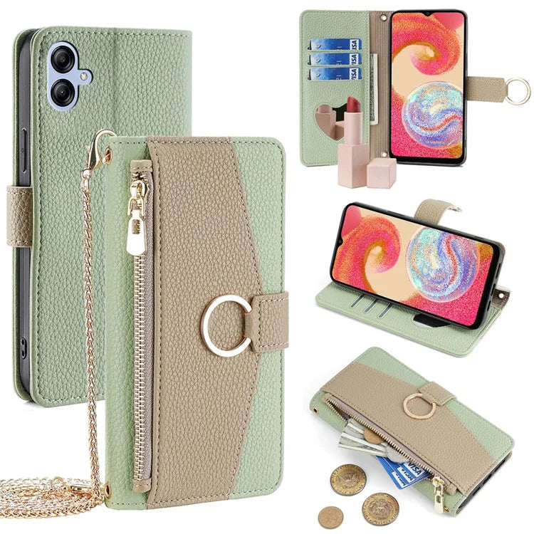 For Samsung Galaxy A04e 4G PU Leather Case Zipper Wallet Mirror Phone Cover with Shoulder Strap