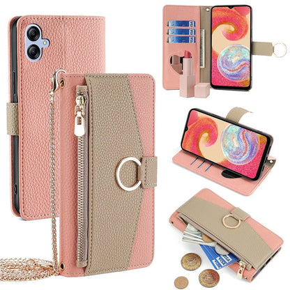For Samsung Galaxy A04e 4G PU Leather Case Zipper Wallet Mirror Phone Cover with Shoulder Strap