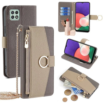 For Samsung Galaxy A22 5G (US Version) Case PU Leather Wallet Stand Cover with Shoulder Strap