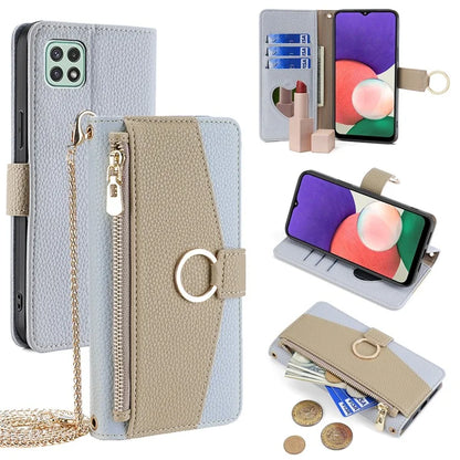 For Samsung Galaxy A22 5G (US Version) Case PU Leather Wallet Stand Cover with Shoulder Strap