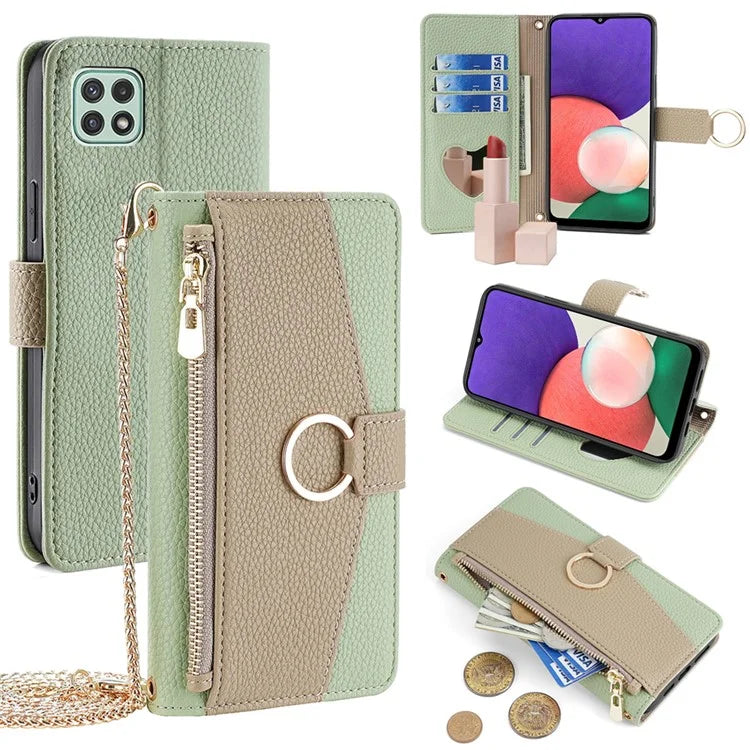 For Samsung Galaxy A22 5G (US Version) Case PU Leather Wallet Stand Cover with Shoulder Strap
