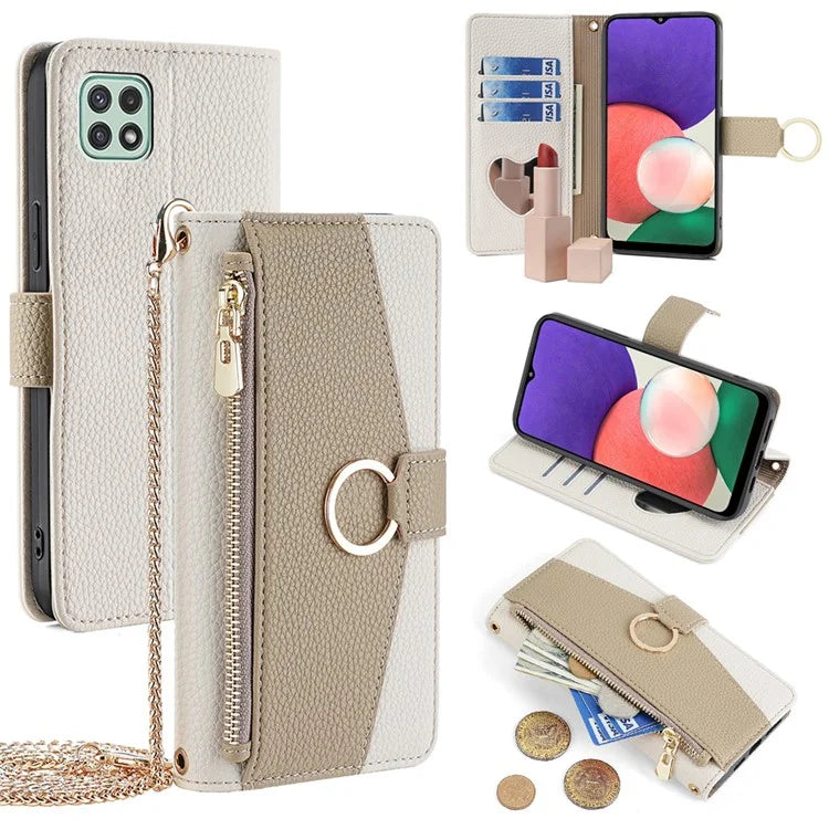 For Samsung Galaxy A22 5G (US Version) Case PU Leather Wallet Stand Cover with Shoulder Strap