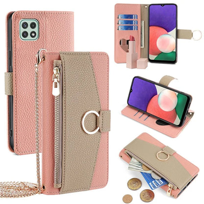 For Samsung Galaxy A22 5G (US Version) Case PU Leather Wallet Stand Cover with Shoulder Strap