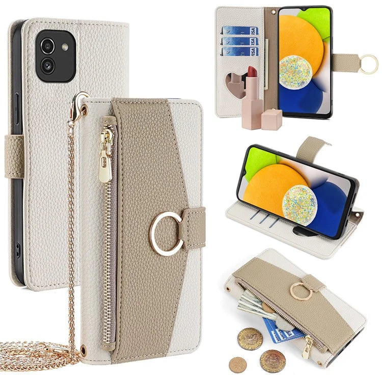 For Samsung Galaxy A03 (166.5 x 75.98 x 9.14mm) Case PU Leather Makeup Mirror Wallet Cover Stand