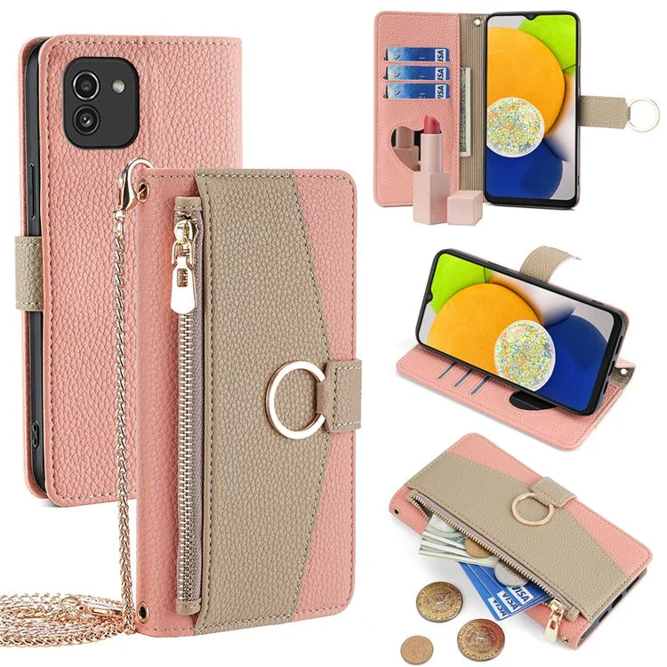 For Samsung Galaxy A03 (166.5 x 75.98 x 9.14mm) Case PU Leather Makeup Mirror Wallet Cover Stand