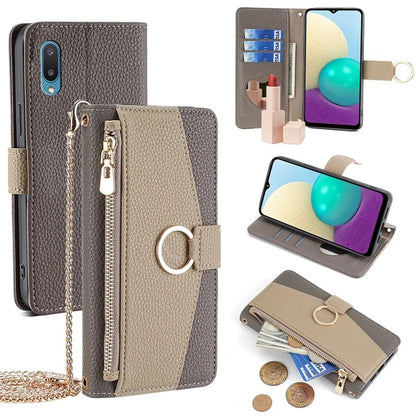 For Samsung Galaxy A02 Case PU Leather Wallet Stand Women Makeup Phone Cover with Strap