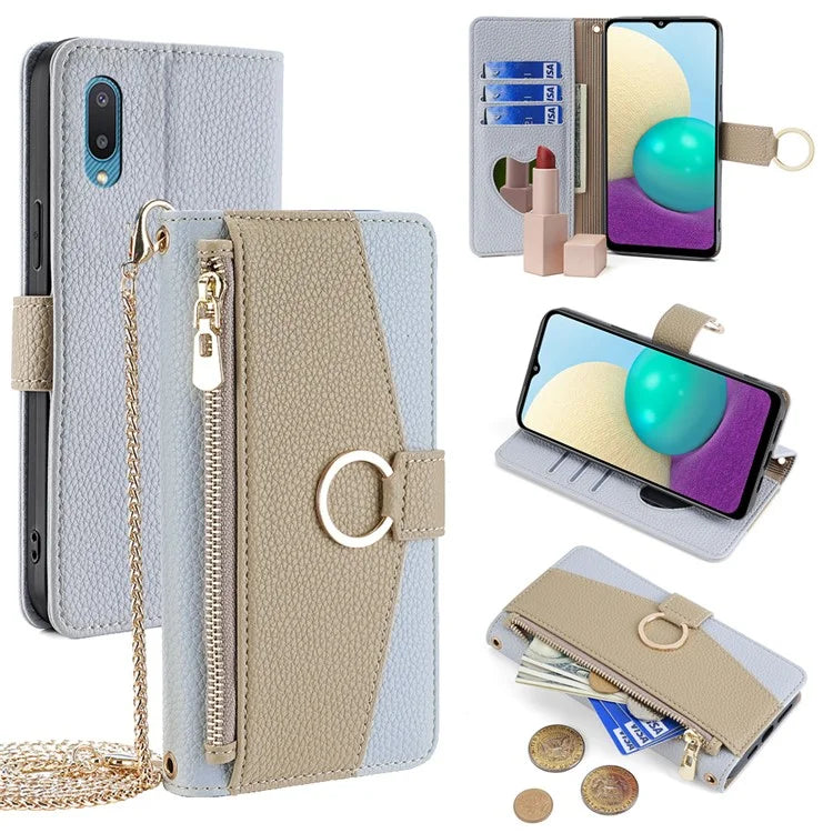 For Samsung Galaxy A02 Case PU Leather Wallet Stand Women Makeup Phone Cover with Strap
