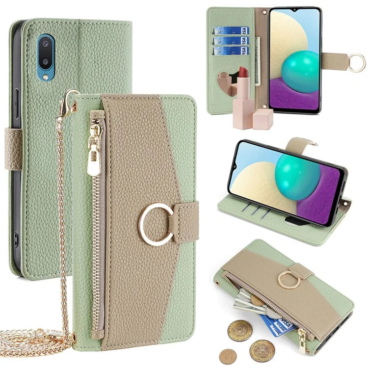 For Samsung Galaxy A02 Case PU Leather Wallet Stand Women Makeup Phone Cover with Strap