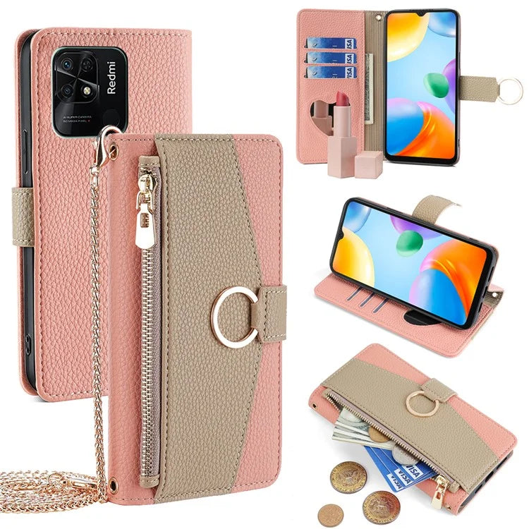 For Xiaomi Redmi 10C Case Leather Makeup Phone Cover Wallet Stand with Long Strap