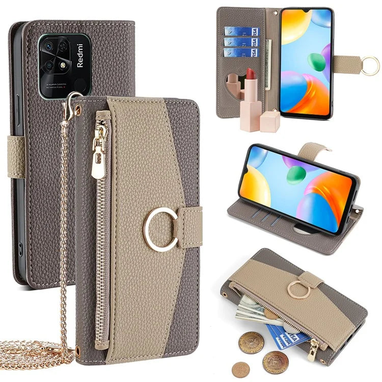 For Xiaomi Redmi 10C Case Leather Makeup Phone Cover Wallet Stand with Long Strap