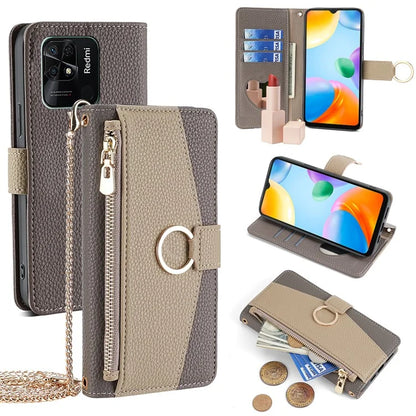 For Xiaomi Redmi 10C Case Leather Makeup Phone Cover Wallet Stand with Long Strap