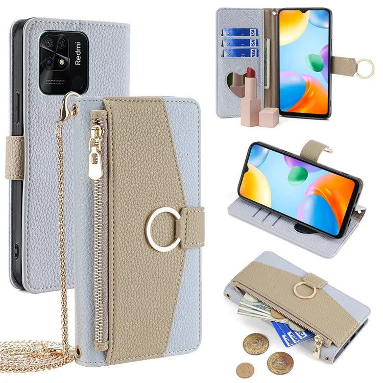 For Xiaomi Redmi 10C Case Leather Makeup Phone Cover Wallet Stand with Long Strap