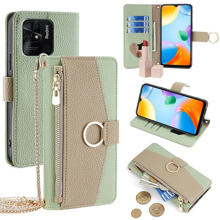 For Xiaomi Redmi 10C Case Leather Makeup Phone Cover Wallet Stand with Long Strap