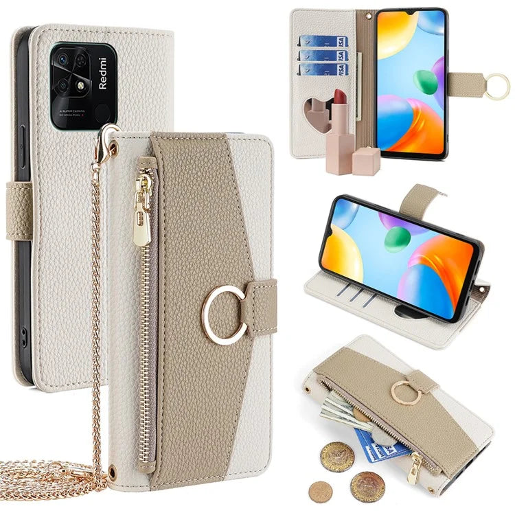 For Xiaomi Redmi 10C Case Leather Makeup Phone Cover Wallet Stand with Long Strap
