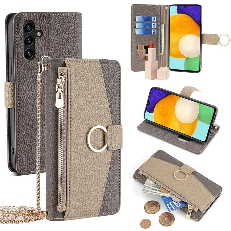 For Samsung Galaxy A13 5G Leather Case Wallet Stand Phone Cover with Shoulder Strap and Mirror