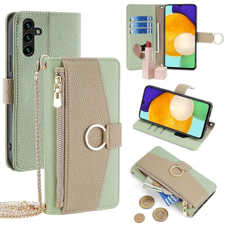 For Samsung Galaxy A13 5G Leather Case Wallet Stand Phone Cover with Shoulder Strap and Mirror