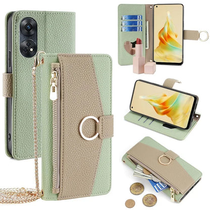 For Oppo Reno8 T 4G Case Leather Zipper Wallet Mirror Phone Cover with Shoulder Strap