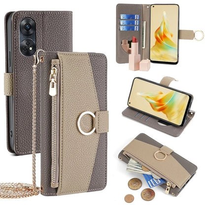 For Oppo Reno8 T 4G Case Leather Zipper Wallet Mirror Phone Cover with Shoulder Strap